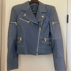 Balmain Leather Biker Jacket Light Blue